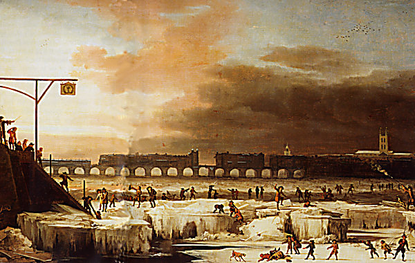 Mynd 3: Meðan á litlu ísöldinni stóð var áin Thames við London oft ísi lögð. Málverkið er eftir Abraham Hondius (1630-1695). Museum of London. Fleiri myndir af "Frost Fairs" á Thames eru til. Horft er niður eftir ánni í átt að gömlu Lundúnarbrúnni. Lengst til hægri handan brúarinnar er Southwark Cathedral, og þar til vinstri sést í turn St. Olave's Church. 