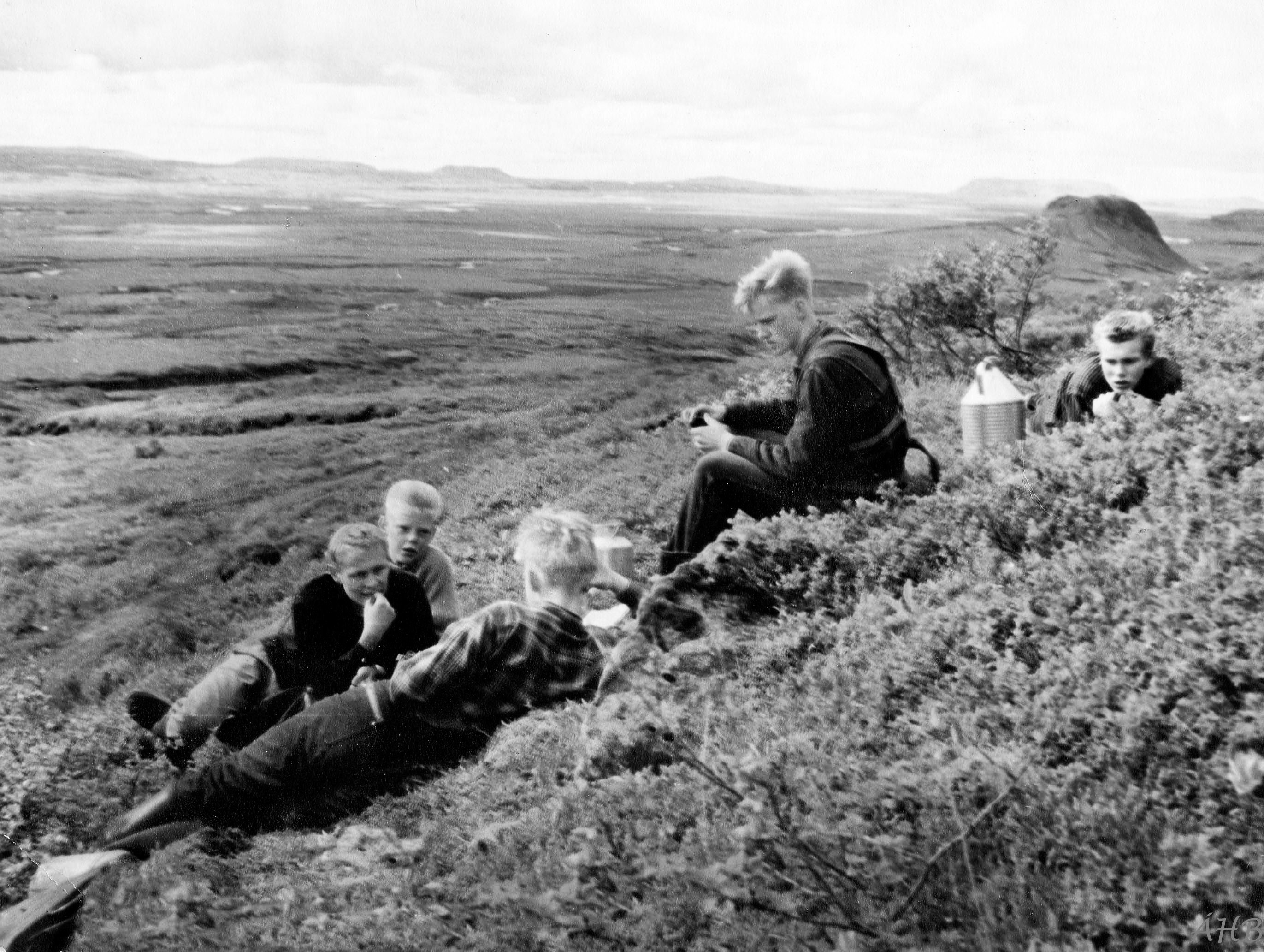 Í Haukadal 1961. Myndavélin var á þrífæti og heldur ritarinn á myndavélarhulstrinu